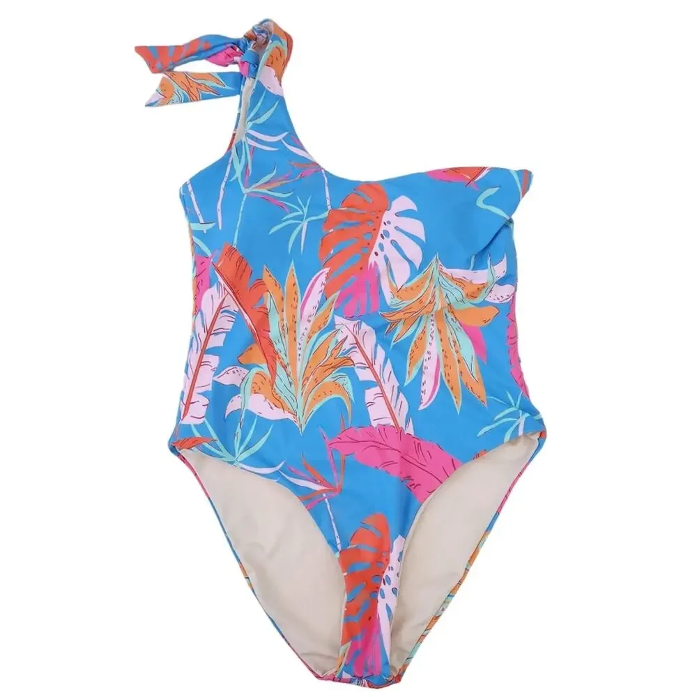 New One Shoulder One Piece Bathing Suit Large Blue Pink Tropical Swimsuit